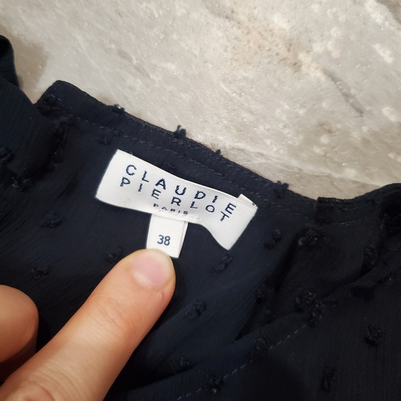 Claudie Pierlot Paris Rififi Dress. Sleeves. Navy Blue. Plumetis Dotted. 6 US. - Picture 3 of 14